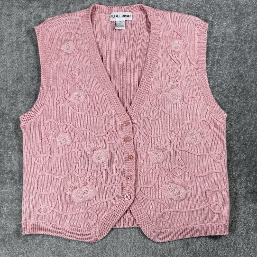 Alfred Dunner Sweater Vest Women's XL Pink Floral Embroidered Feminine Vintage